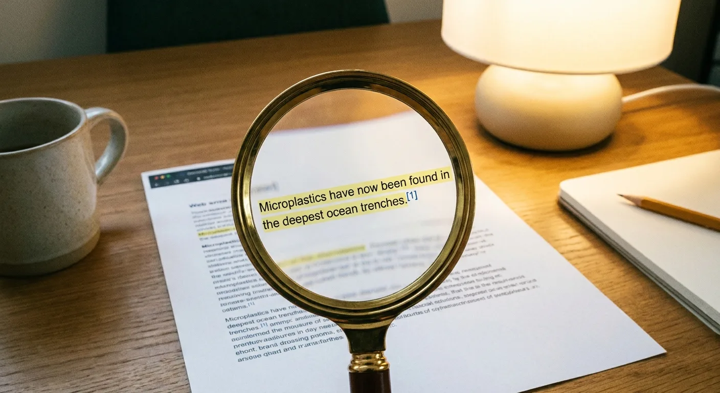 Magnifying glass over one highlighted sentence on a printed web page, a