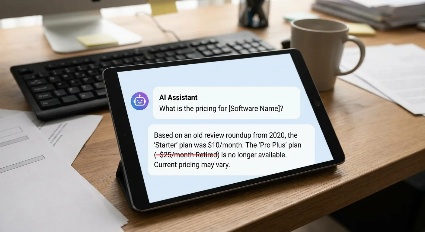 Tablet showing an AI answer about software pricing that cites an old