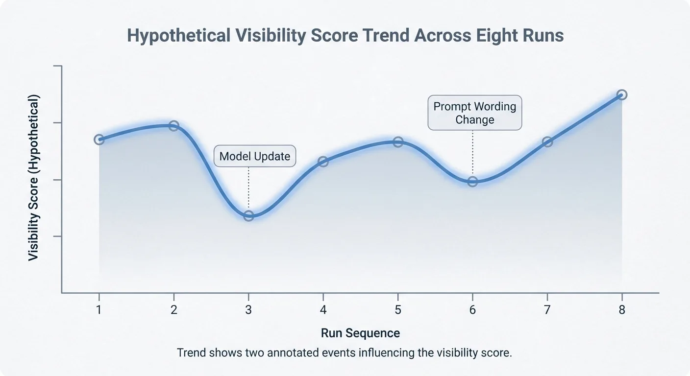 Infographic line chart of a hypothetical visibility score across eight runs, no