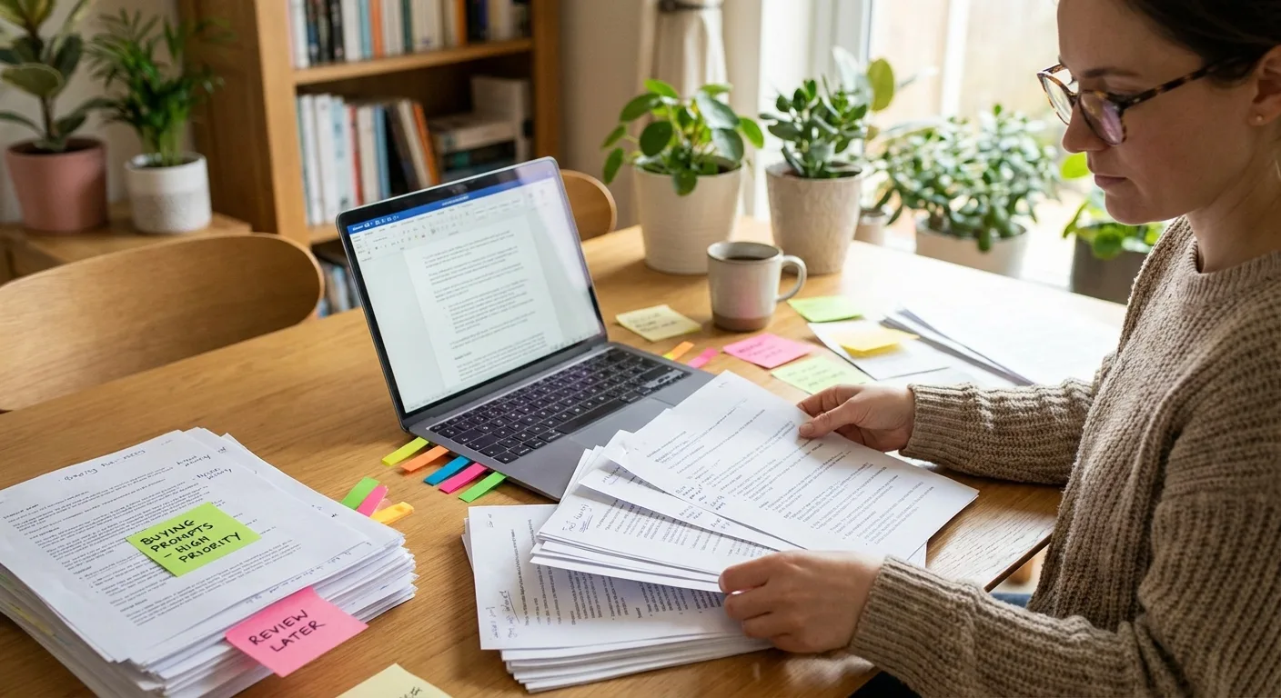 Content lead sorting a stack of printed web pages into a priority