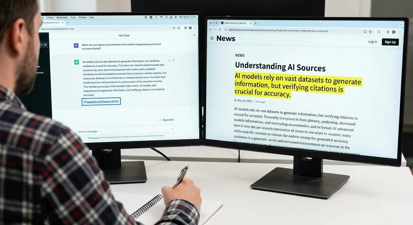 Two browser windows side by side, left an AI answer listing a
