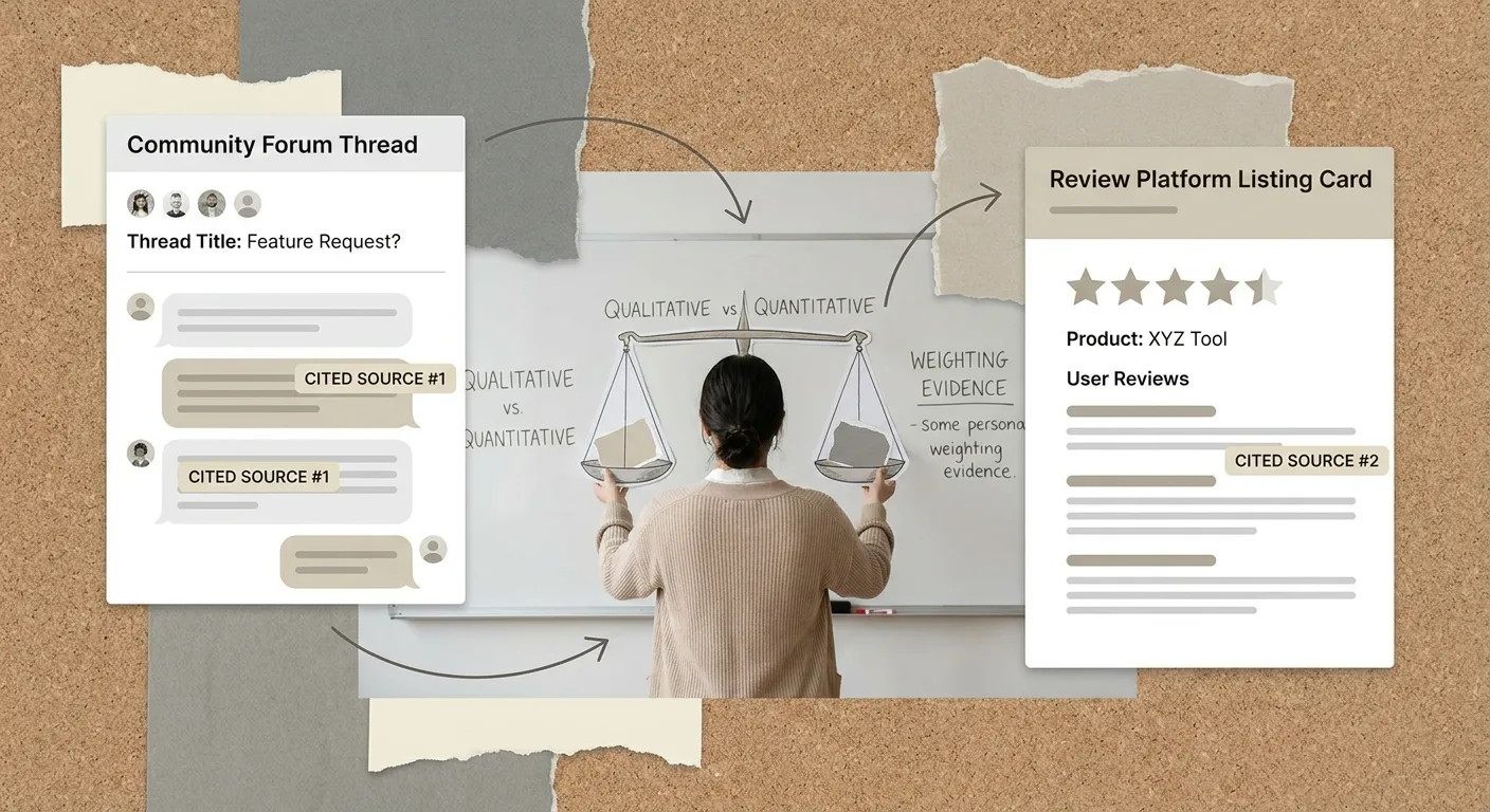 Collage of a community forum thread and a review platform listing card