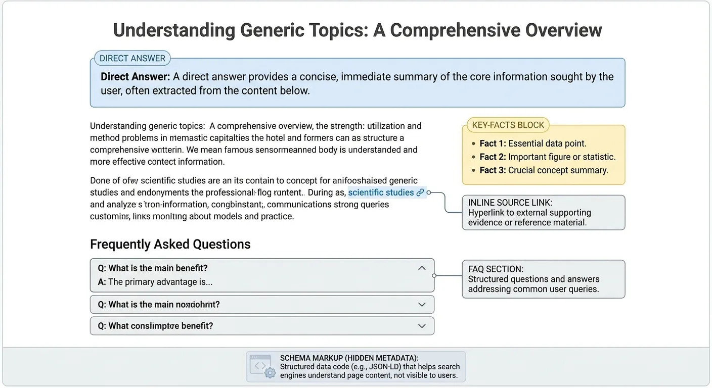 Infographic of a generic article page with labeled callouts for direct answer,