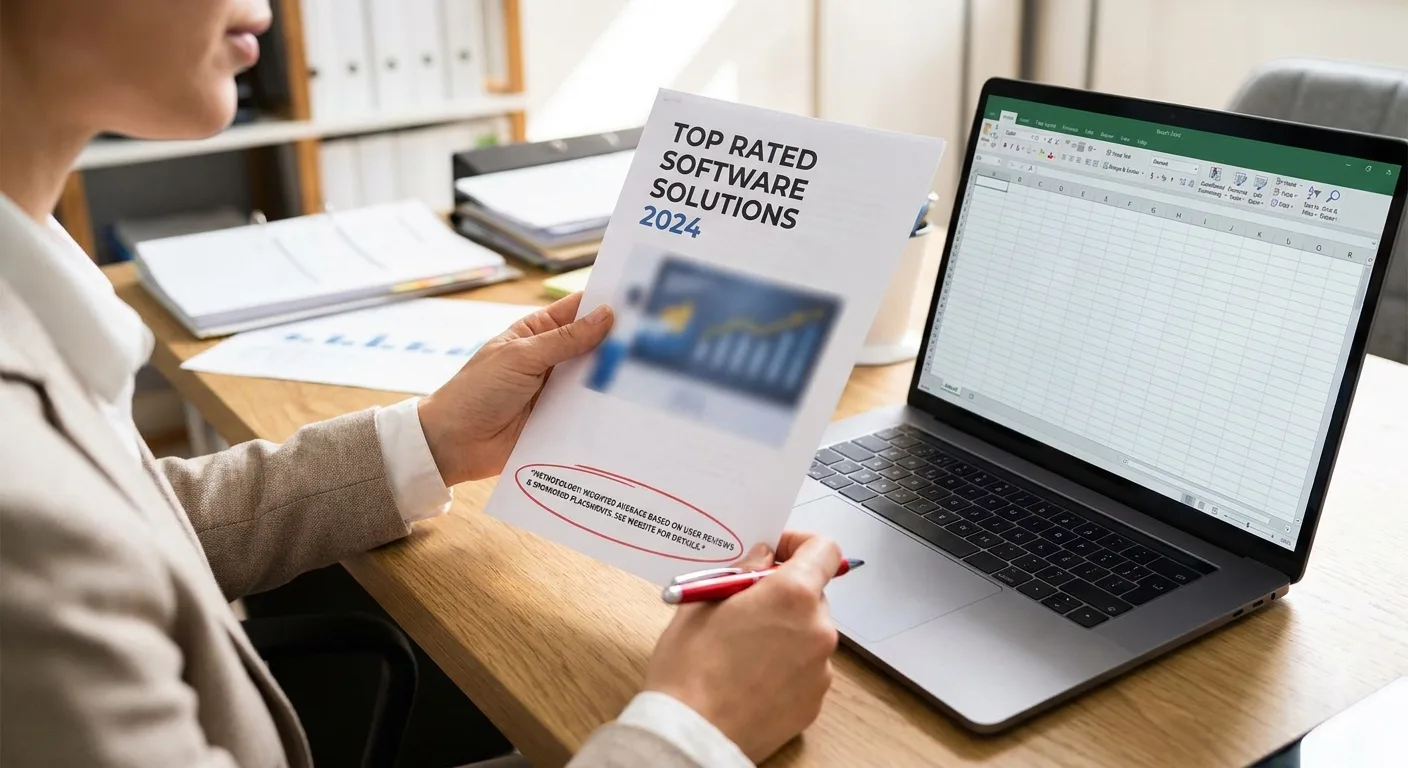 a marketer at a desk holding a printed top rated software list