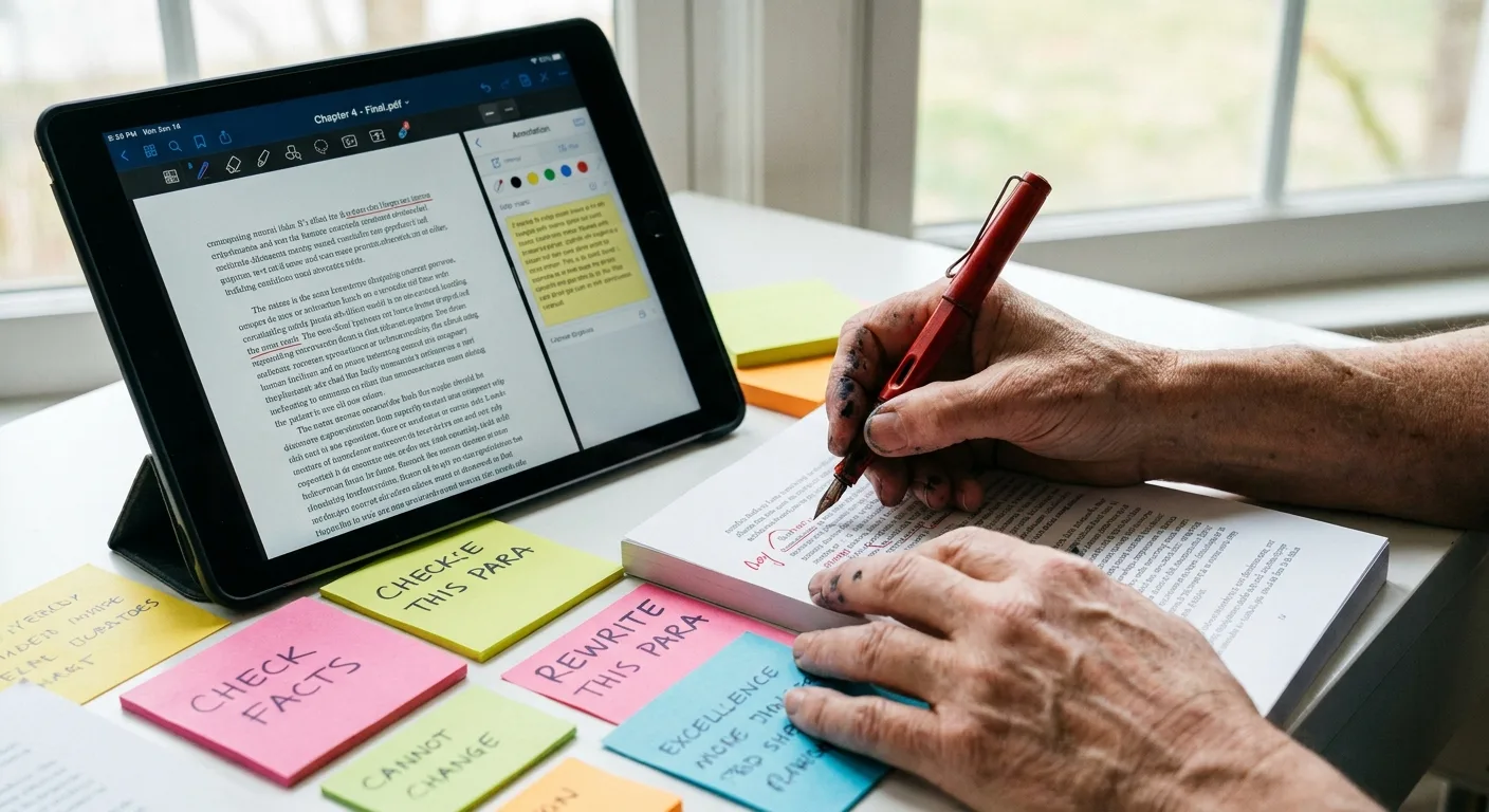 Close-up photo of an editor's hands marking a printed draft with a