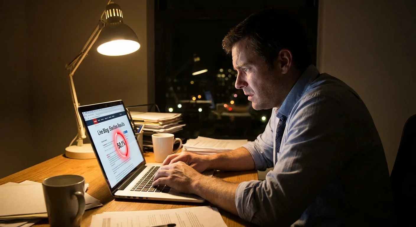 Realistic photo of a writer at a desk at night, laptop showing