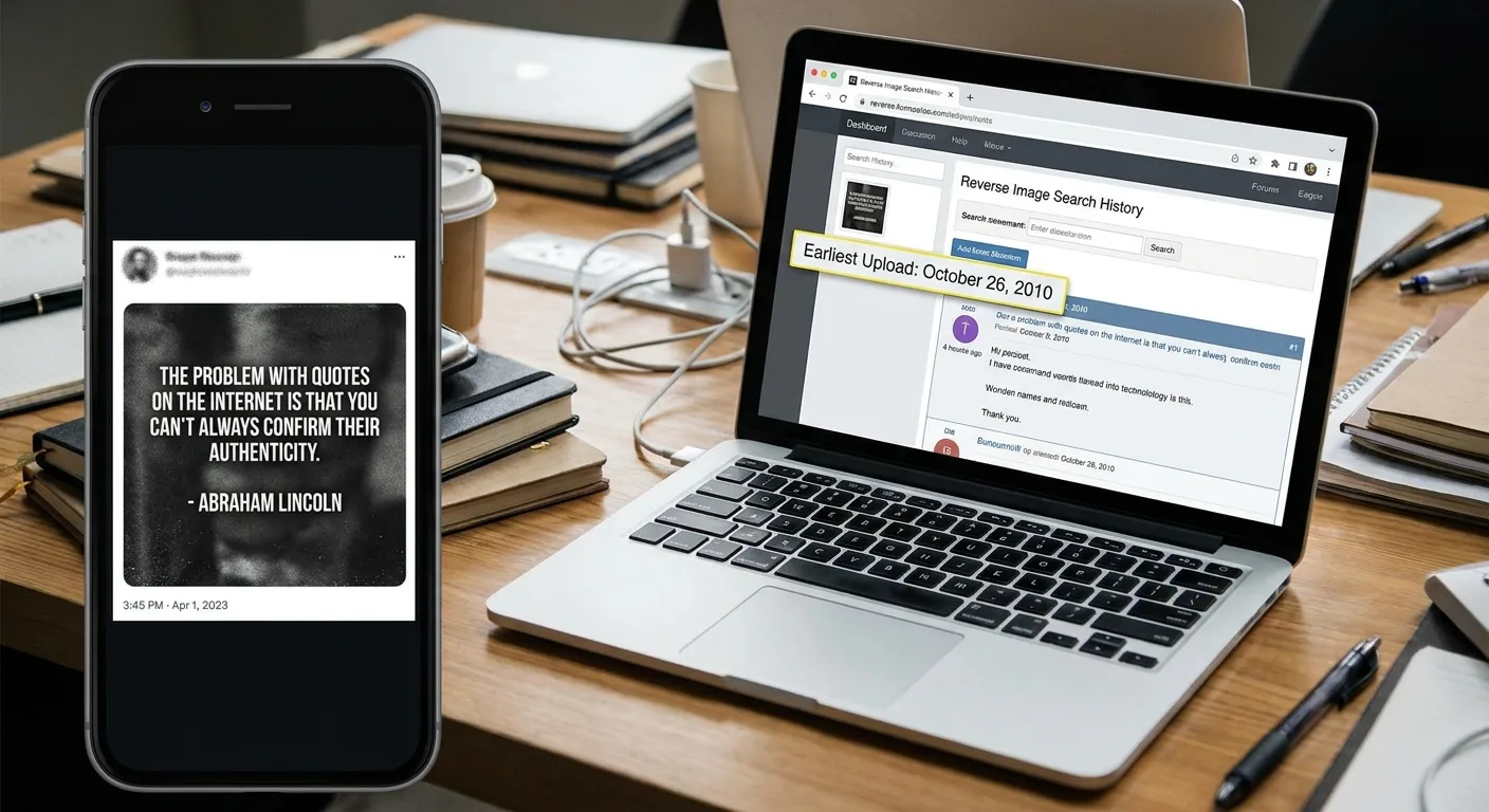 Smartphone showing a cropped quote screenshot meme beside a laptop tab tracing