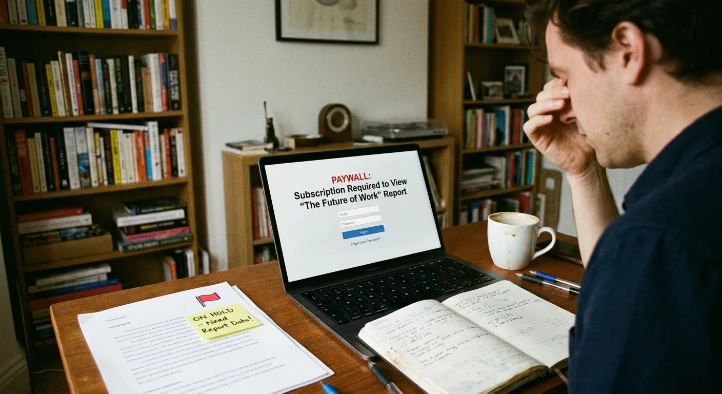 Photo of a writer facing a paywalled report login screen on a