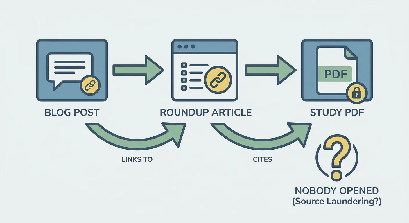 Flat infographic of source laundering, a blog post linking to a roundup