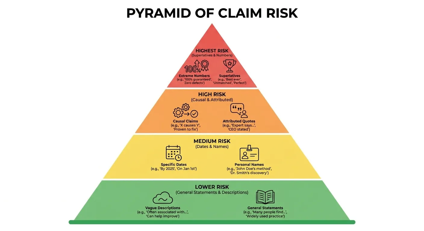 Clean infographic pyramid ranking claim risk, numbers and superlatives in the top