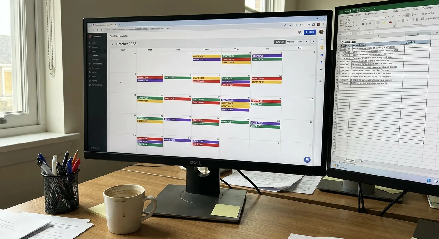 Realistic photo of a crowded content calendar on a monitor with many