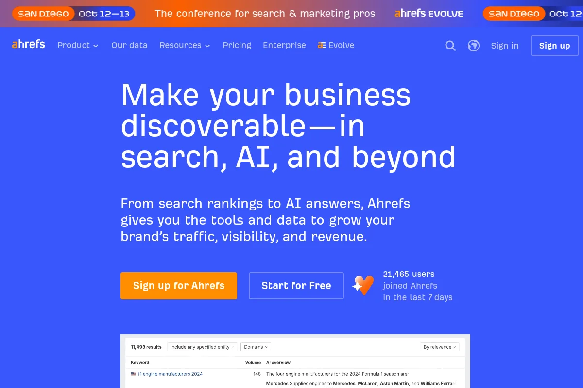 Website screenshot of ahrefs.com