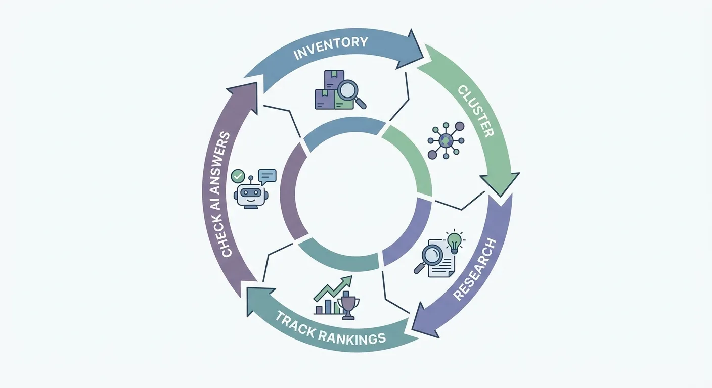 Clean flat infographic of a circular five-stage keyword loop labeled inventory, cluster,