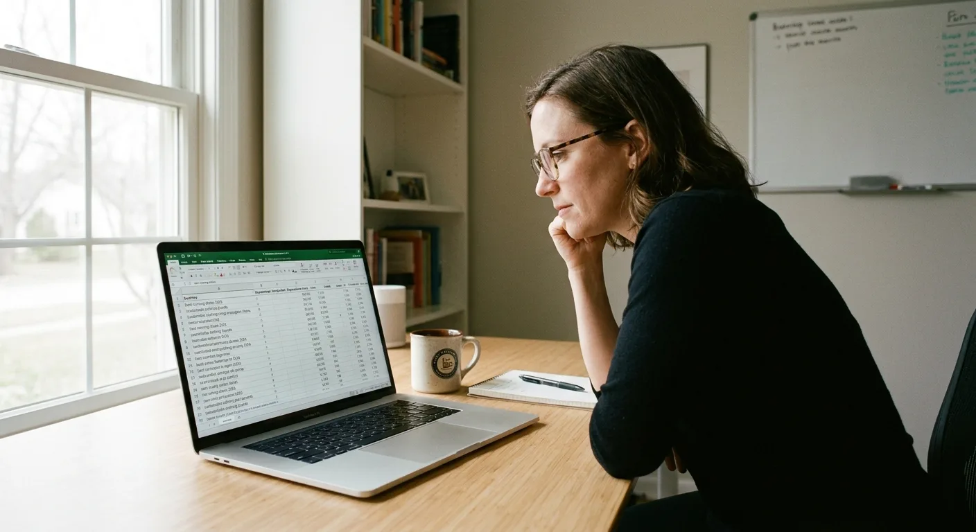 Realistic photo of a marketer at a tidy desk reviewing a laptop