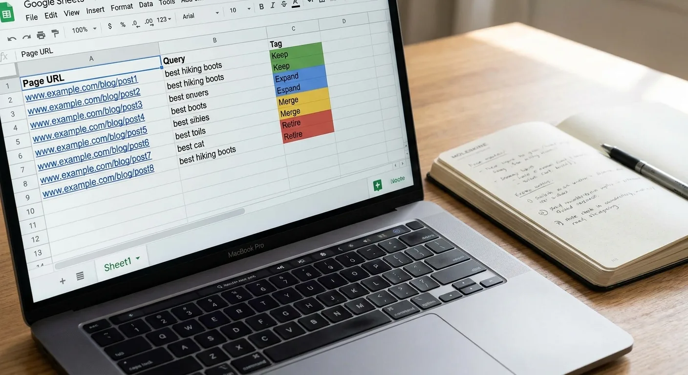 Realistic close-up of a laptop spreadsheet listing page URLs and query columns