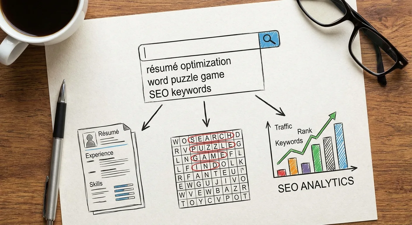 Photo-style illustration of one search bar typed with keywords branching to a
