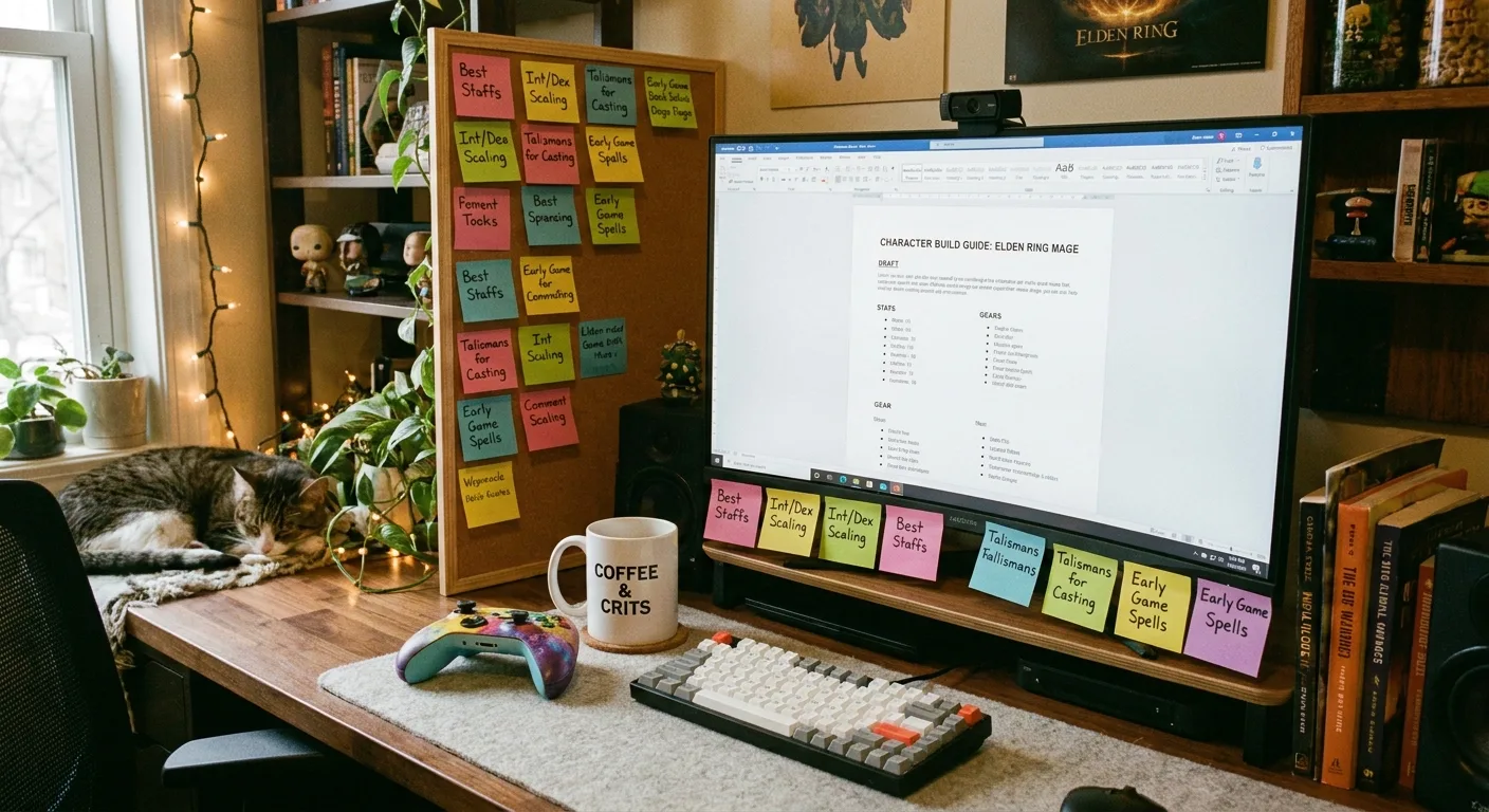 Cozy gaming blogger desk with a controller, a monitor showing a character