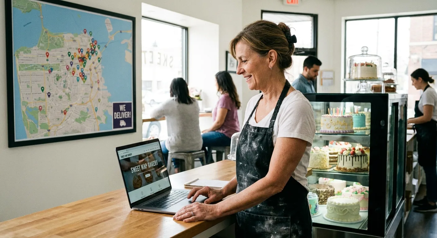 Bakery owner at her shop counter checking her website on a computer,