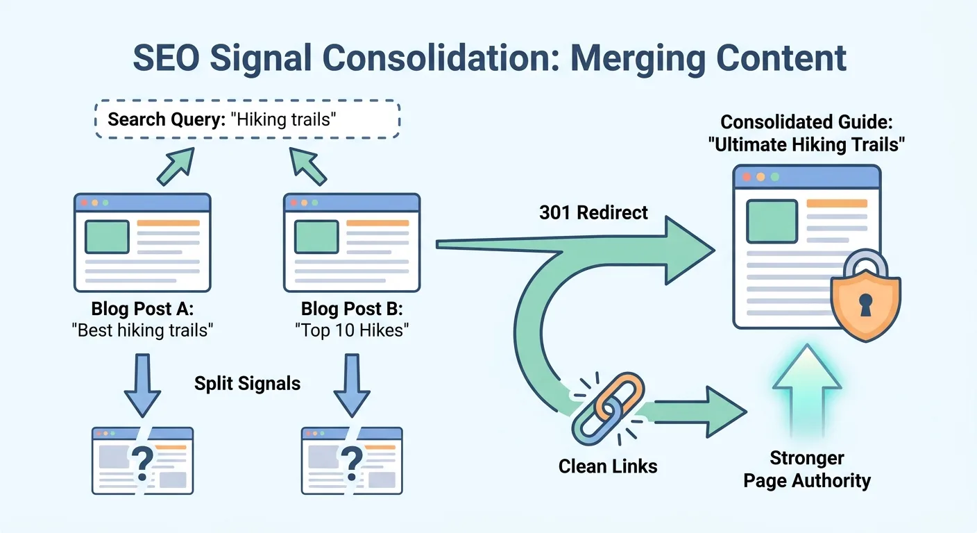 Flat infographic of two blog pages splitting one search query's signals, then