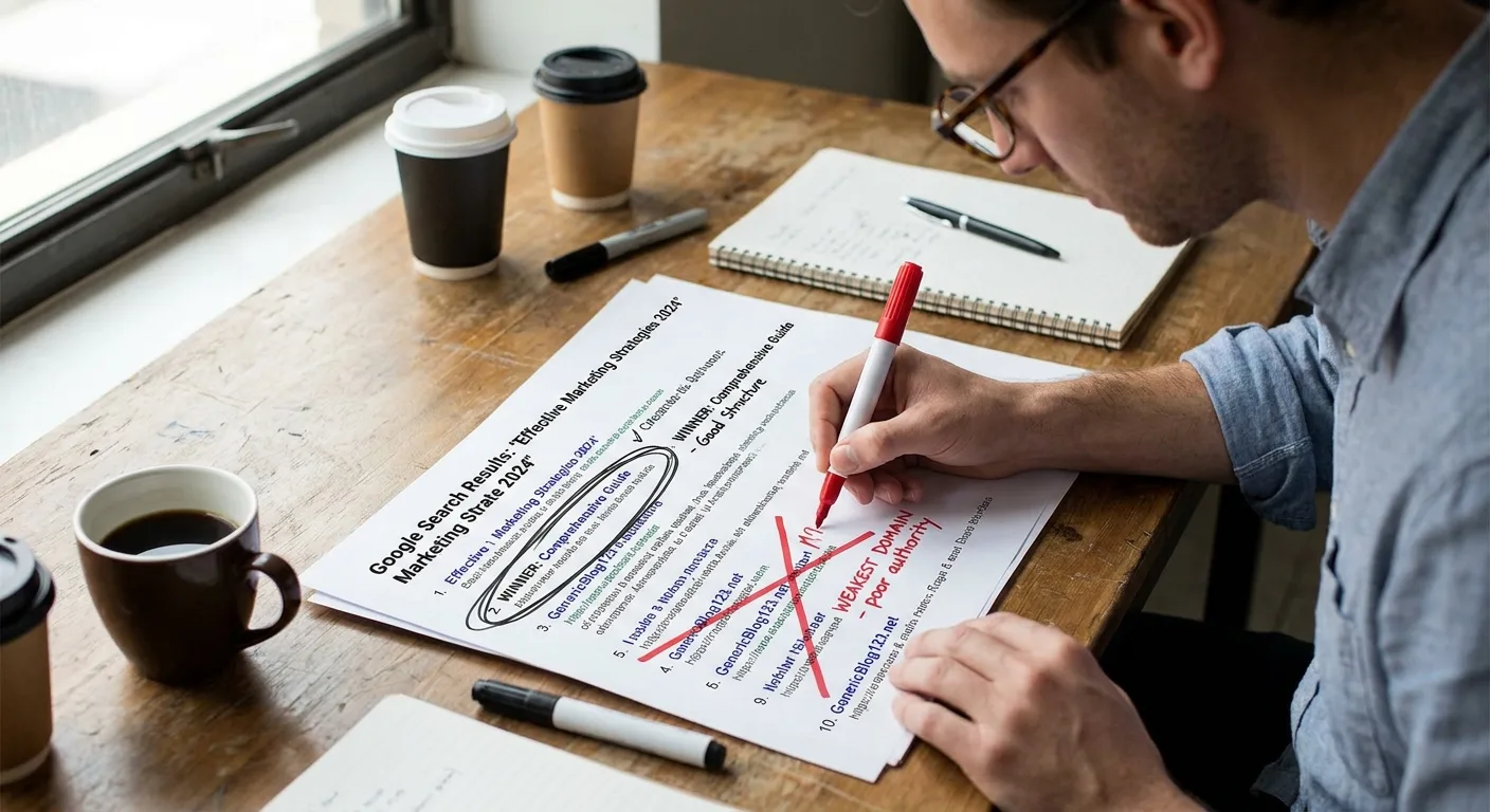 Realistic photo of a strategist annotating a printed page of ten search