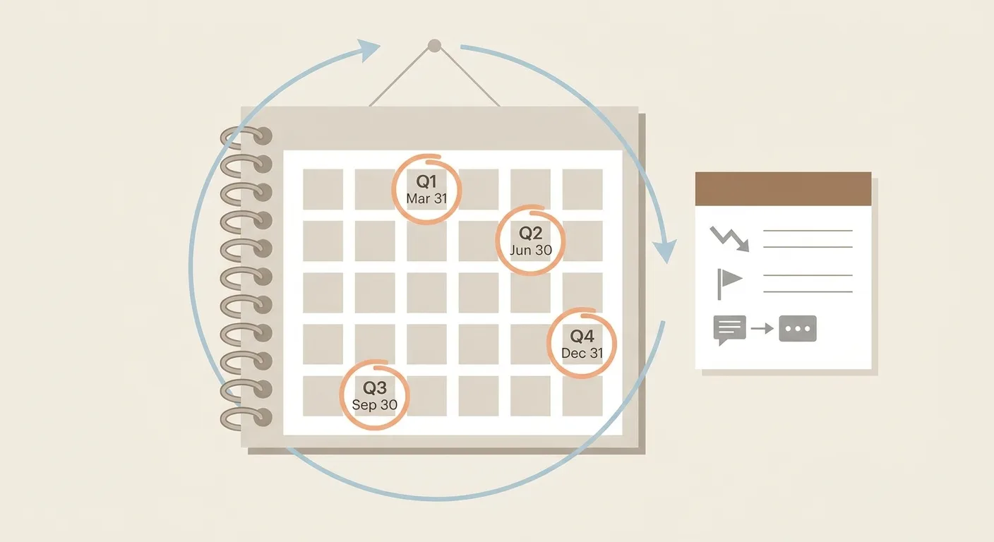 Simple flat illustration of a wall calendar with four quarterly dates circled,