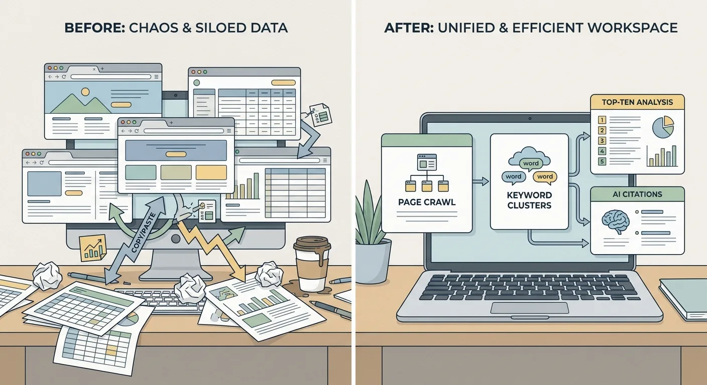 Clean flat illustration contrasting two scenes side by side; on the left,