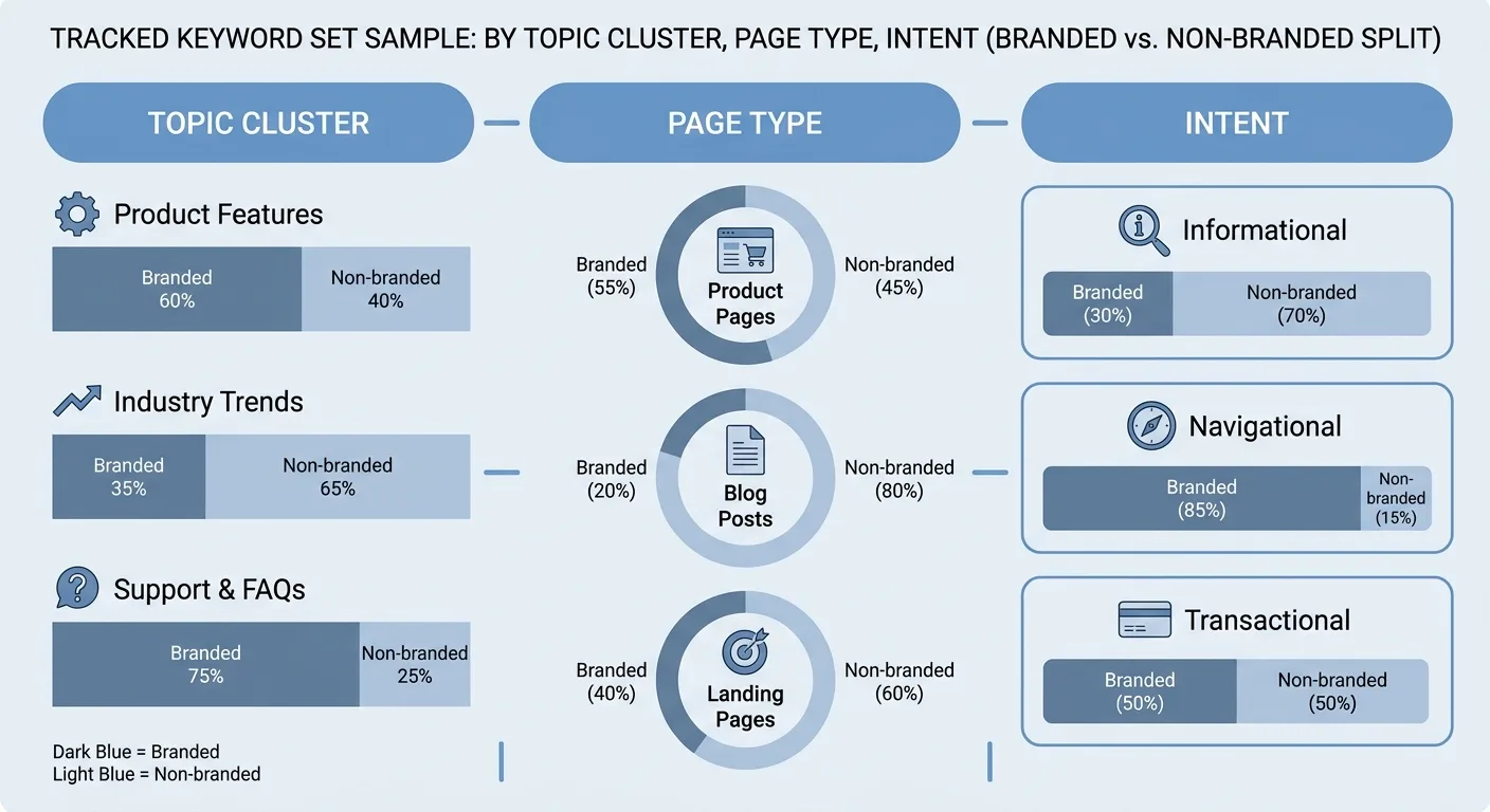 Clean flat infographic showing a tracked keyword set sampled by topic cluster,