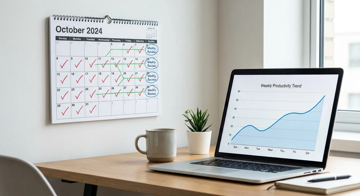 Realistic photo of a wall calendar with daily and weekly check cycles