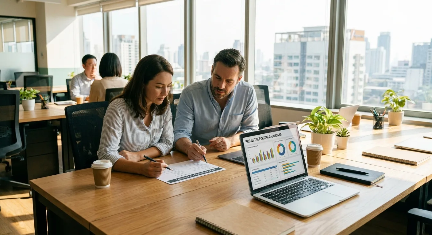 Realistic photo of two colleagues at a shared desk reviewing a printed