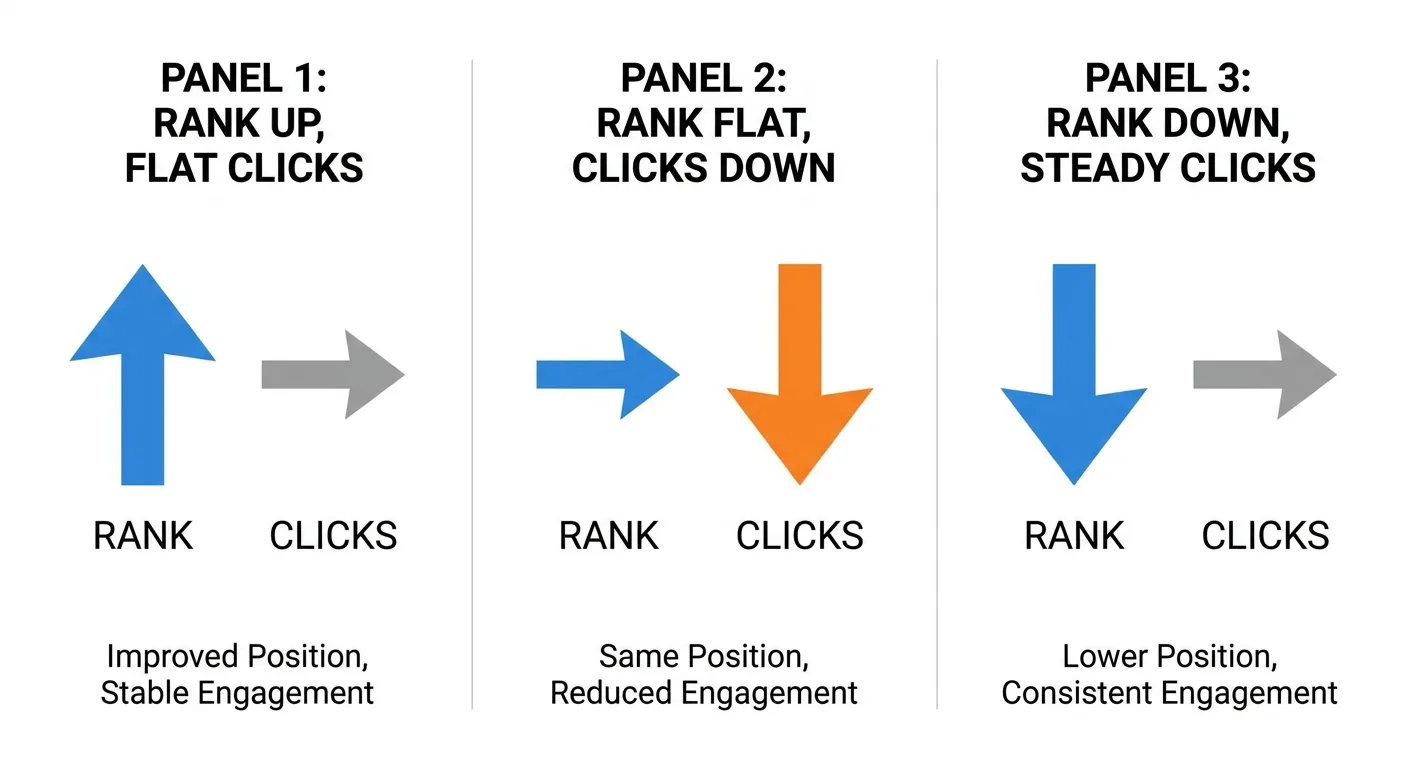 Clean infographic with three panels comparing rank up with flat clicks, rank