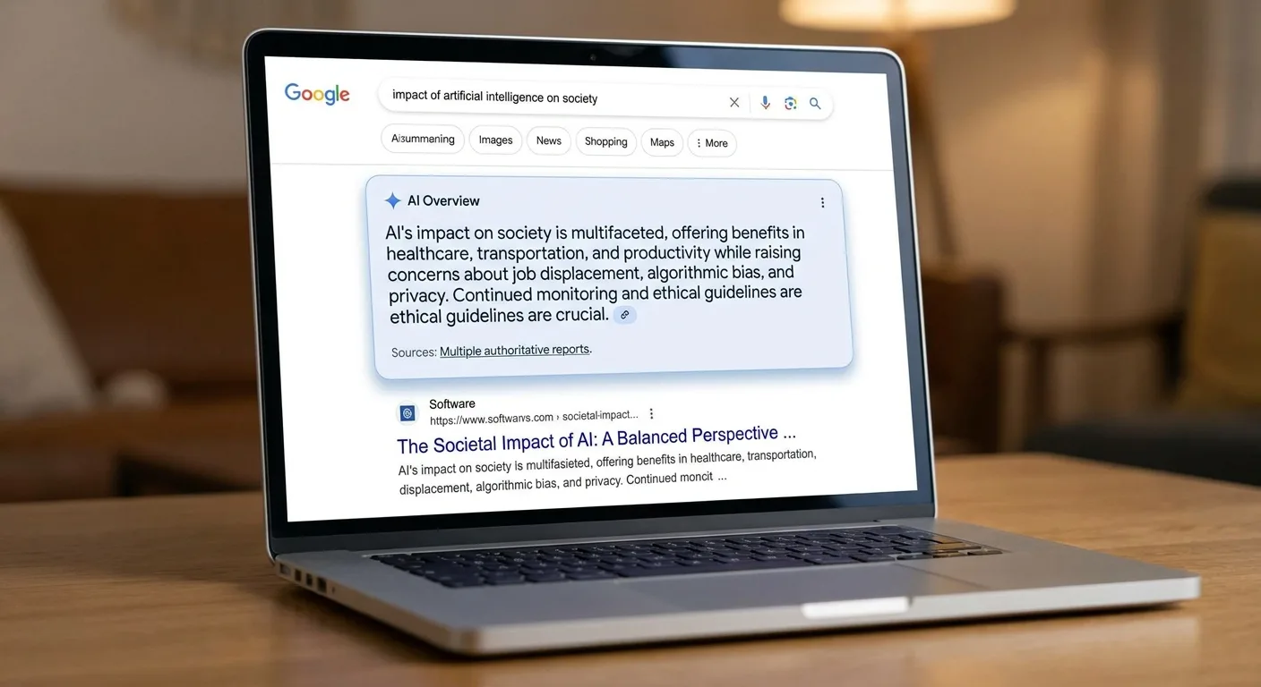 Realistic laptop screen showing a generic search results page with an AI