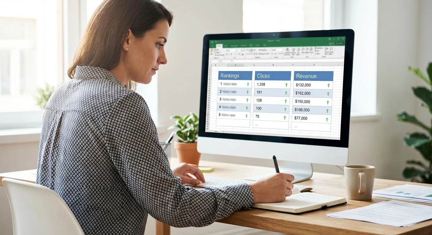 a marketer at a desk viewing a single laptop screen with rankings,