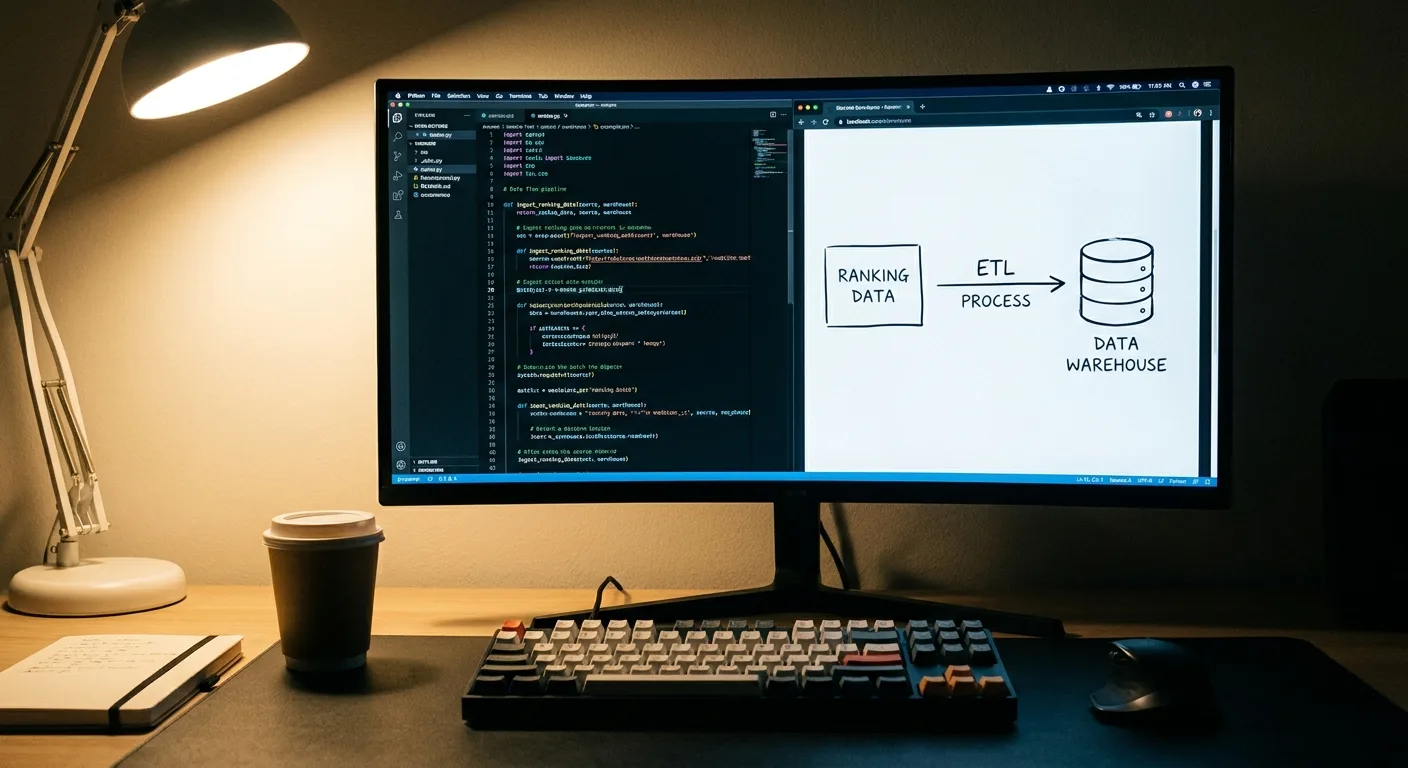a developer's monitor showing code in an editor alongside a simple diagram
