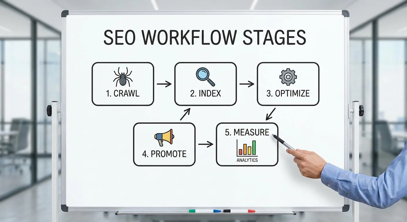 SEO workflow stages from crawl to measure