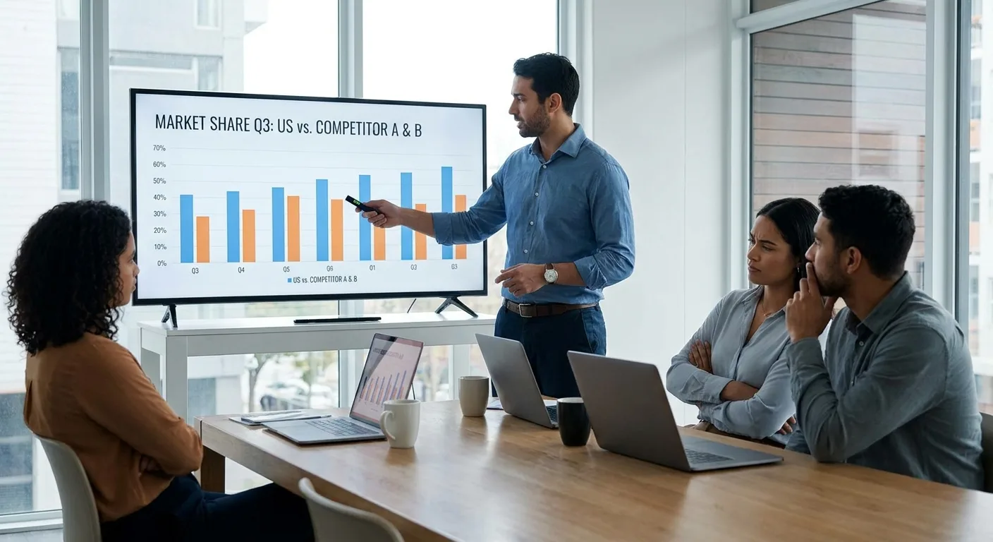 Realistic photo of a marketer presenting a competitor comparison chart on a