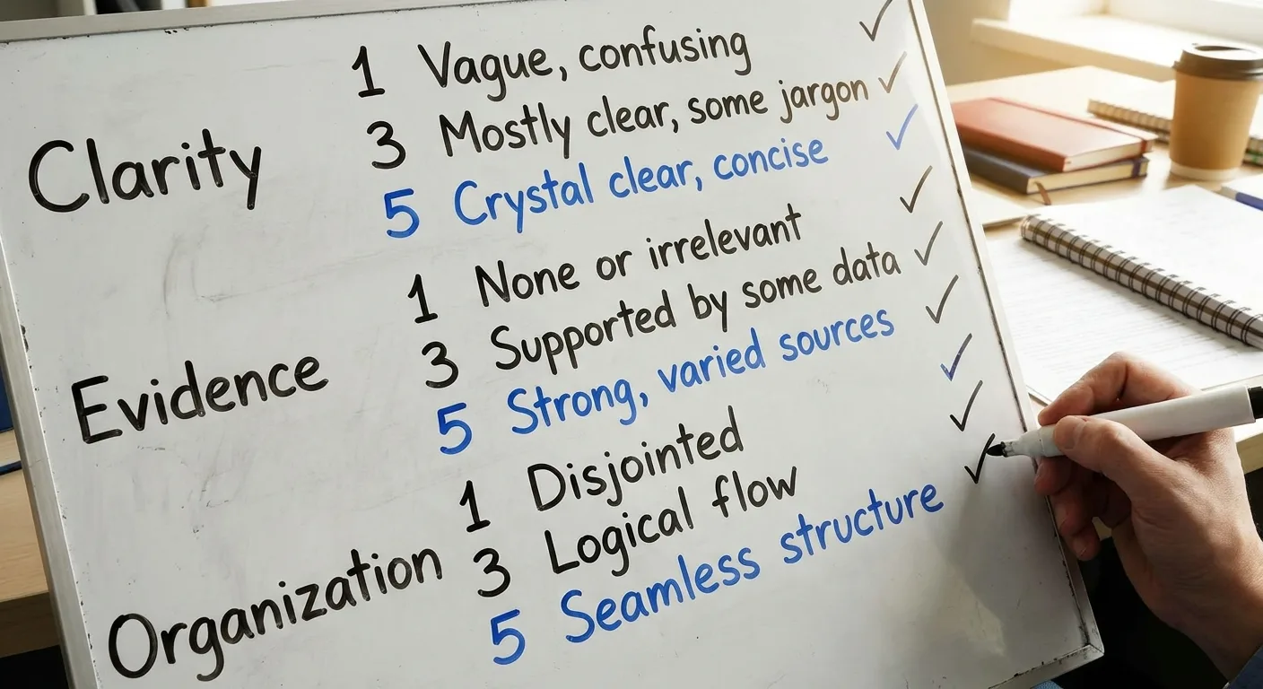 Close-up of a whiteboard scoring rubric with 1, 3 and 5 anchor
