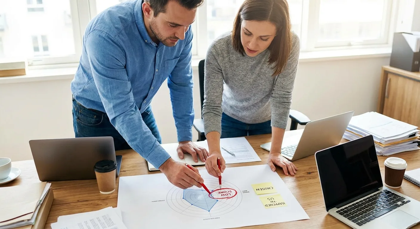 Two analysts at a desk circling a low score on a printed