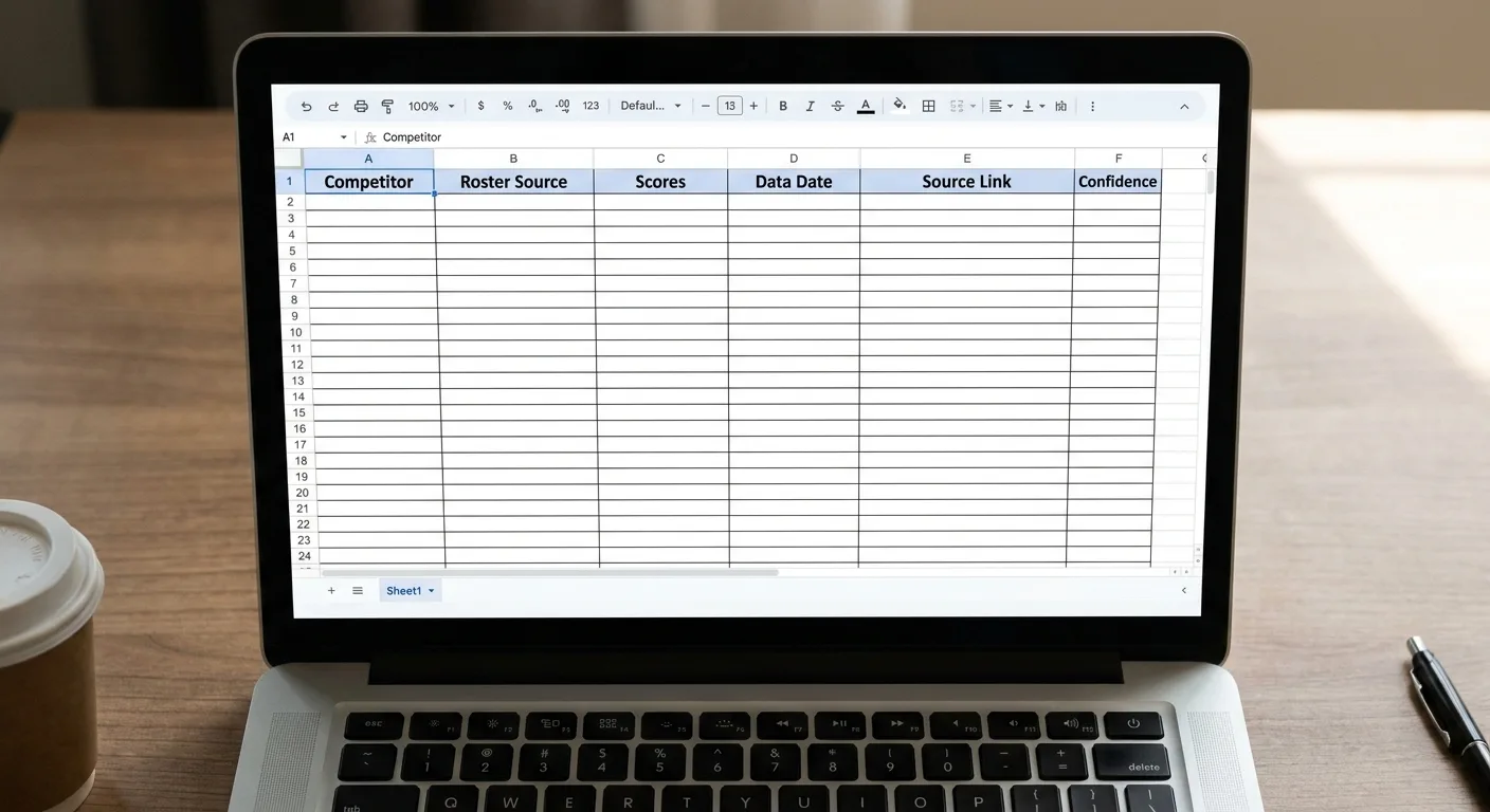 Laptop showing a blank spreadsheet skeleton with columns for competitor, roster source,