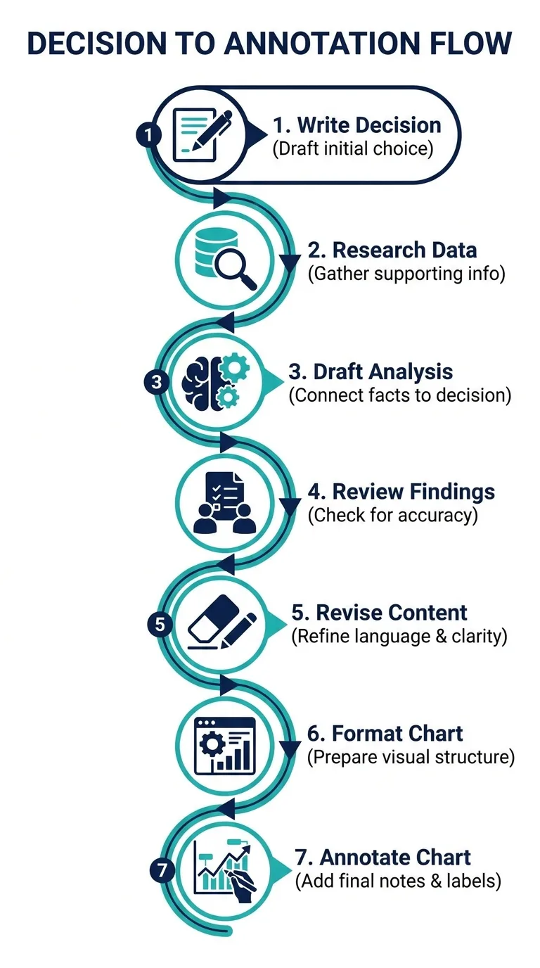 Vertical infographic of seven numbered steps from writing the decision to annotating
