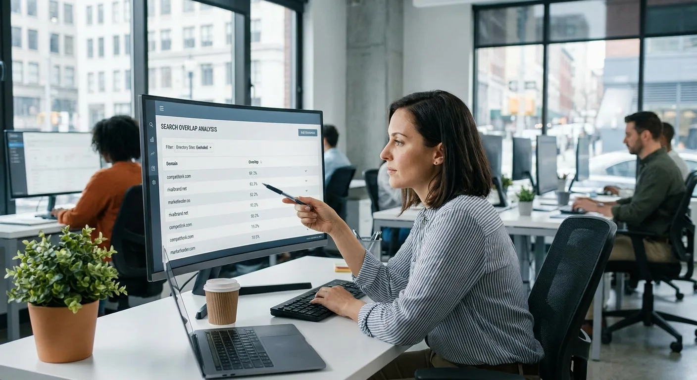 Marketer at a monitor reviewing a search overlap dashboard with competitor domains