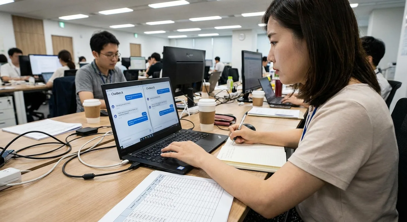 Person at a laptop comparing answers from two AI chat assistants while