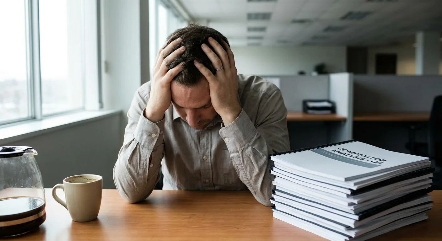 Realistic photo of a marketer at a desk beside a tall stack