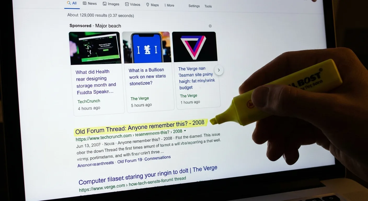 Close-up of a laptop showing a search results page where one thin