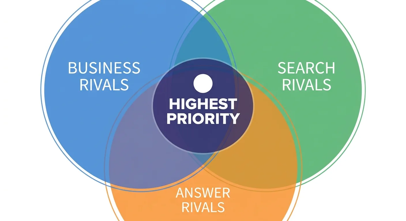 Clean flat infographic of three overlapping circles labeled Business Rivals, Search Rivals,