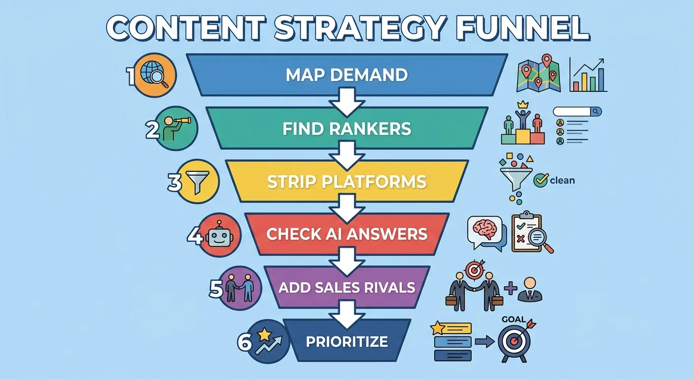 Flat infographic funnel with six numbered steps labeled map demand, find rankers,