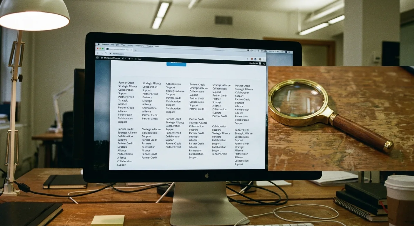 Realistic shot of a monitor showing a website footer full of repeated