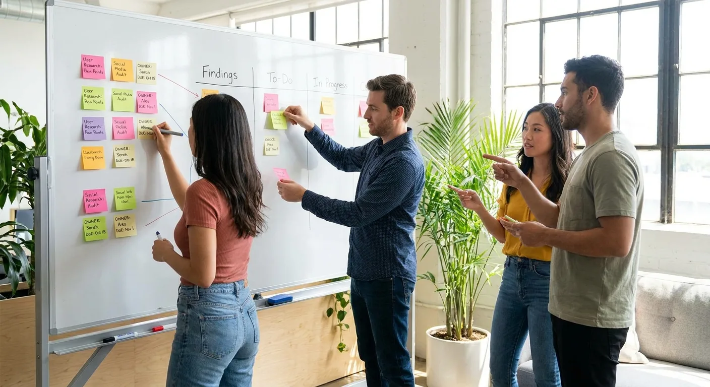 Small marketing team at a whiteboard turning sticky-note findings into owned tasks,
