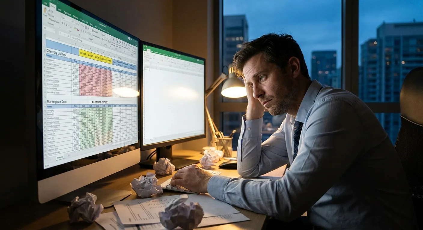 Overwhelmed marketer facing a bloated rival spreadsheet crowded with directory and marketplace