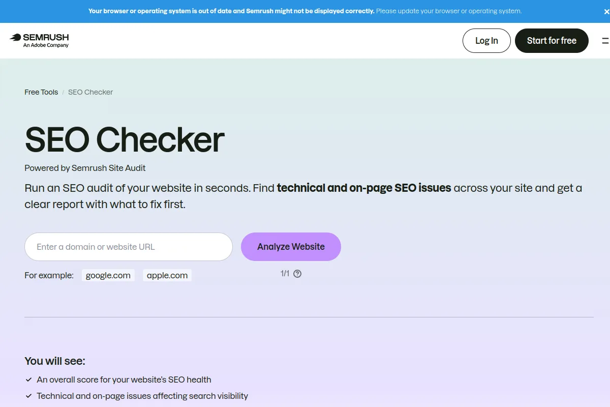 Website screenshot of semrush.com