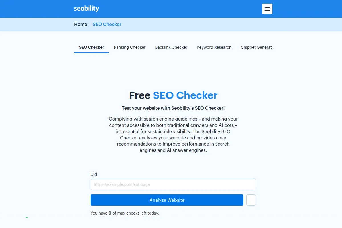 Website screenshot of seobility.net